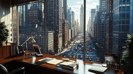 A sophisticated law office window view overlooking a busy city street, reflecting the hustle and bustle of legal work in progress,