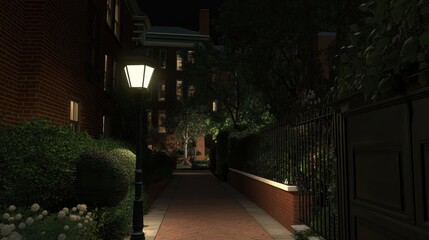 Evening alleyway, brick buildings, and lush greenery.