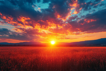 Fototapeta premium Fiery Sunset Over Grassy Field And Distant Mountains