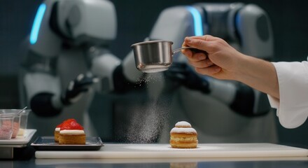 chef adding powdered sugar to desserts with robot assistant in kitchen