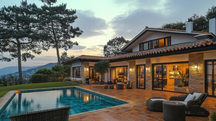 Luxurious villa with pool offering scenic views at twilight