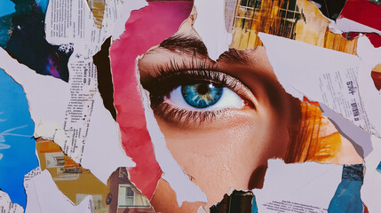 paper collage texture, mixed media colourful, with eye on the middle, torn and ripped paper, newspaper magazin clippings, aesthetic design background