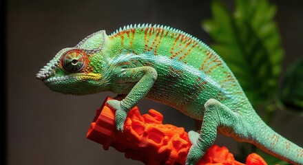 Obraz premium Vibrant chameleon perched on branch in natural habitat