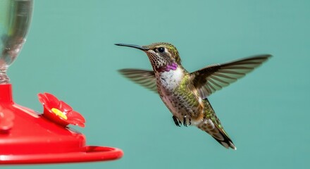 Hovering hummingbird feeding at bright red feeder