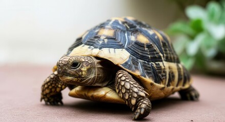 Fototapeta premium Domestic tortoise exploring outdoor garden environment