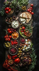 Fototapeta premium Fresh culinary spread featuring assorted vegetables, meats, and herbs on a rustic wooden table