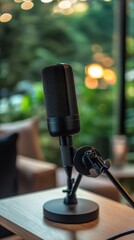 Microphone set up in a modern living room with natural light streaming through the windows