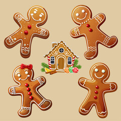 Set of gingerbread, elements for christmas design, vector. Gingerbread man and gingerbread house set