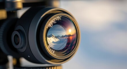 Camera lens capturing stunning mountain sunset reflection