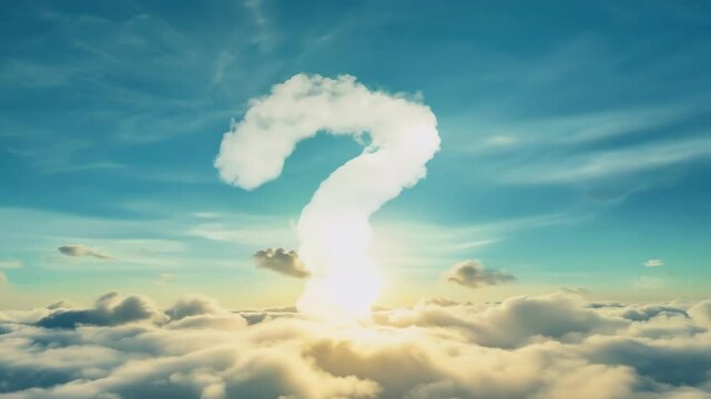 A stunning view of a cloud shaped like a question mark floats above soft, fluffy clouds as the sun sets, creating a captivating display in the sky.