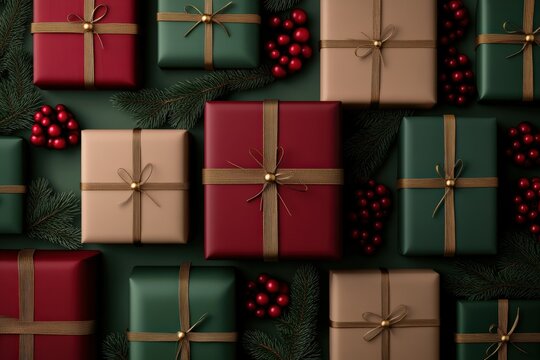 Festive gift arrangement with holiday colors and decorations