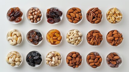 A flat lay featuring different types of nuts and dried fruits, arranged on a white table. Healthy snacks, perfect for a quick energy boost