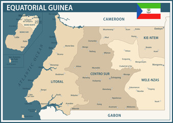Equatorial Guinea Map Vector Vintage Dark Blue Beige - Customizable layered political map of Equatorial Guinea with administrative divisions for website, education, reports, news, politics, print