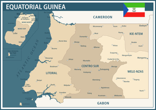 Equatorial Guinea Map Vector Vintage Dark Blue Beige - Customizable layered political map of Equatorial Guinea with administrative divisions for website, education, reports, news, politics, print