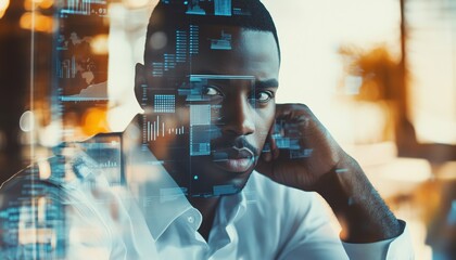 Focused African American Businessman Engaged In Work In Office With Double Exposure Of Hud Infographic Interface, Emphasizing Data Analysis And Statistics. Toned Photograph.