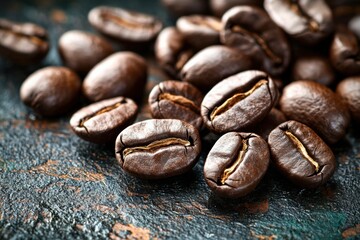 Fototapeta premium Rich, dark roasted coffee beans. The aroma of freshly brewed coffee fills the air. Indulge in the moment.