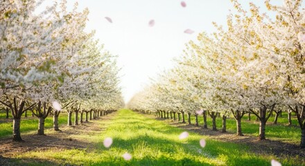 Naklejka premium Blossoming orchard in springtime with fallen petals