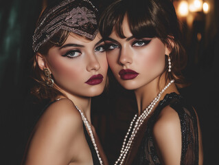 Elegancka sesja zdjęciowa w stylu lat 20. XX wieku z modelkami w sukienkach w stylu flapper, z perłami i na tle w stylu art déco.