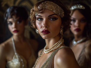Elegancka sesja zdjęciowa w stylu lat 20. XX wieku z modelkami w sukienkach w stylu flapper, z perłami i na tle w stylu art déco.