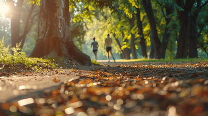 Fototapeta premium A runner cooling down with a gentle jog through the park. stock image, hd quality,