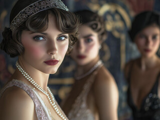 Elegancka sesja zdjęciowa w stylu lat 20. XX wieku z modelkami w sukienkach w stylu flapper, z perłami i na tle w stylu art déco.