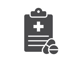 Patient report card flat icon. Medical history and pills. Isolated vector image in simple style
