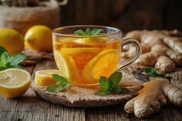 Fresh lemon ginger tea with mint and lemon slices in a glass cup on a wooden table