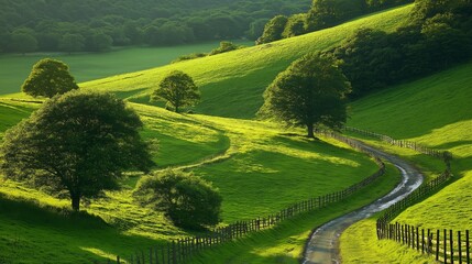 Obraz premium Rolling Green Hills and Valleys with Trees and Flowing Streams, Showcasing Scenic Beauty, Tranquility, and the Untouched Harmony of Nature