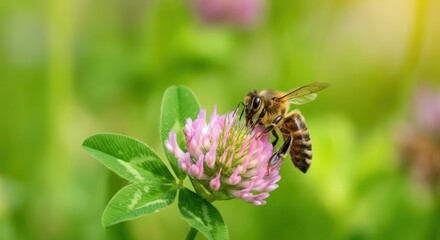 Honeybee collecting nectar vibrant clover flower