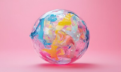 Colorful abstract paint inside clear glass sphere on pink background.