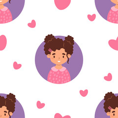 Seamless pattern with cute girl on with hearts