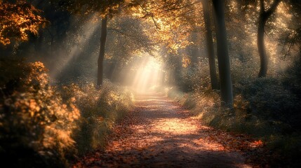 A serene forest path lined with autumn foliage, sunlight streaming through the trees, creating a magical atmosphere.