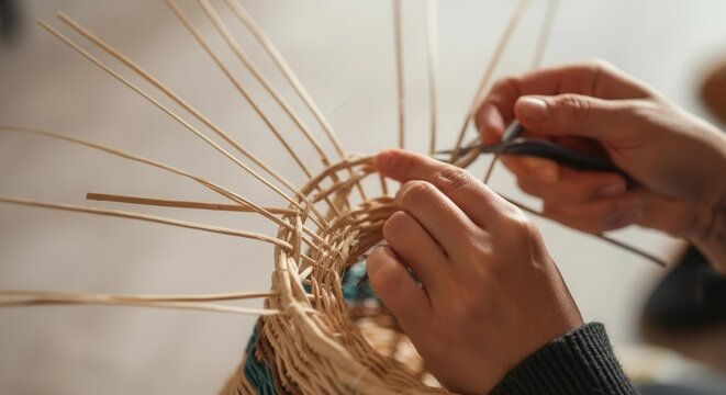Artisan weaving wicker basket hand