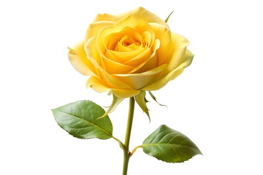 Single yellow rose long stem vertical stand pose isolated on White Background