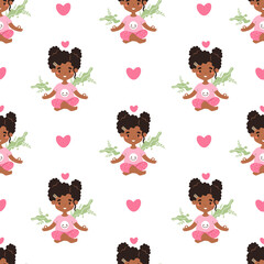 Seamless pattern with cute afro american girl child meditating  in lotus pose with  hearts.