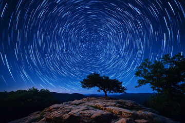 Fototapeta premium Star Trails Circle Above Mountaintop Tree