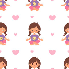 Seamless pattern yoga kids. Cute girl meditating in lotus pose  with hearts