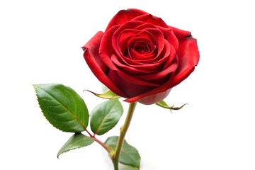 Single red rose long stem vertical stand pose a top isolated on White Background