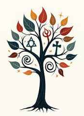 Obraz premium vector of a tree with swirling branches and colorful leaves with religious symbols on it