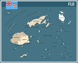 Fiji Map Vector Vintage Dark Blue Beige - Customizable layered political map of Fiji with administrative divisions for website, education, reports, news, politics, print, poster and wallpaper