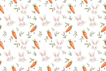  tile illustration of a happy rabbit and orange carrot on a white background 