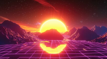 Futuristic Sun in Retro 80s Sci-Fi Landscape: Neon Lights and Vintage Vaporwave Background
