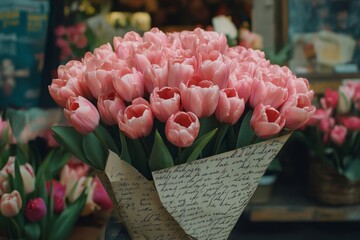 Beautiful pink tulips arranged with vintage notes in a charming florist shop