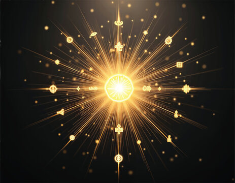 vector of a gold star with a glowing sun on a black background with glowing gold religious symbols