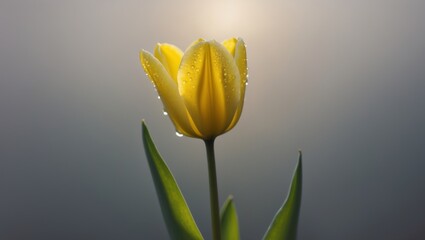 Naklejka premium Vibrant Yellow Tulip Flower with Water Droplets Illuminated by Soft Lighting on a Dark Background.