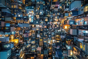 Dense city buildings, illuminated at night.
