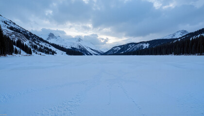 Winter landscape with a frozen lake surrounded by snow-covered mountains under cloudy sky