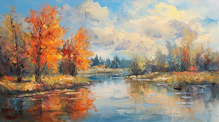 A painting of a river with trees in the background