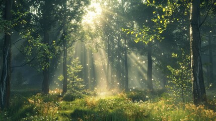 Fototapeta premium A forest scene with sunlight filtering through tall trees, highlighting the intricate details of leaves and branches