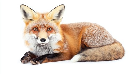 A red fox laying down on a white background